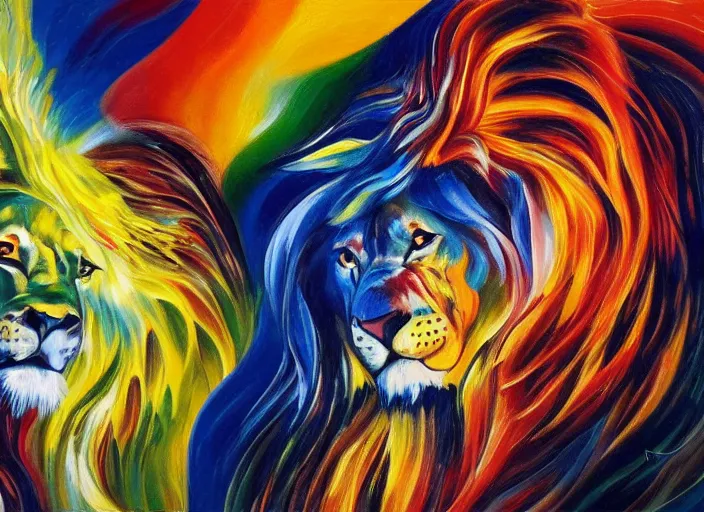 Image similar to An oil on canvas painting of two lions, void vortex, cosmic, by Wojciech Siudmak and Giacomo Balla, aesthetically pleasing composition, masterpiece, ultra realistic, super realistic, 4k, 8k