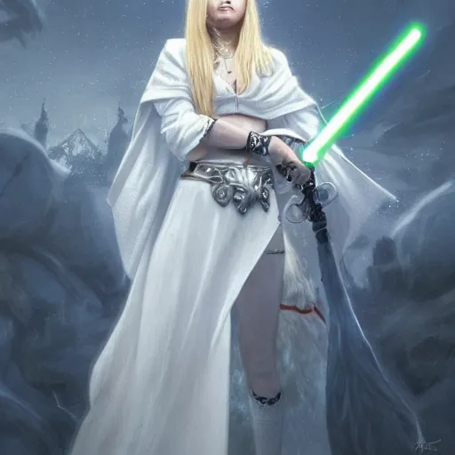 Image similar to perfect drawing of avril lavigne wearing white cloak holding light saber, intricate, highly detailed, digital painting, artstation, concept art, smooth, sharp focus, illustration, unreal engine 5, 8 k, art by artgerm and greg rutkowski and alphonse mucha