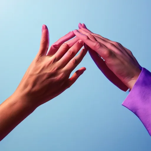 Image similar to two gesturing hands made from an iridescent material in front of a simple background