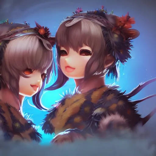 Image similar to high fantasy two cute tanuki girls, by Artgerm, face close up, official media, beautiful, detailed, high quality, 4K, epic, wallpaper, trending on artstation and behance, Gelbooru, Konachan