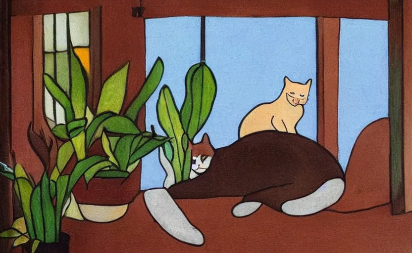 Prompt: sleeping cat on window, inside house in village, plants, sun, orphism style