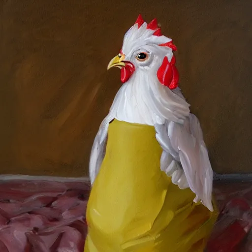 Image similar to oil painting of a chicken wearing a maid dress