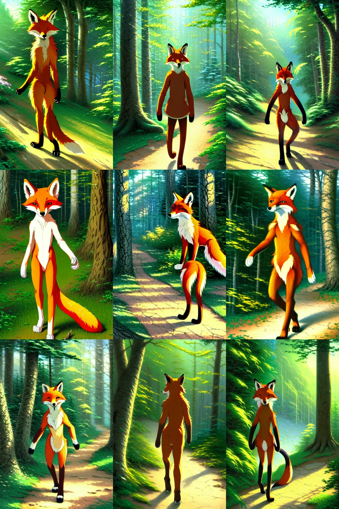 Prompt: anthro digitigrade natural - colored fox person with black paws and long tail, walking upright in a forest, ( ( thomas kinkade ) ), ( ( makoto shinkai ) )