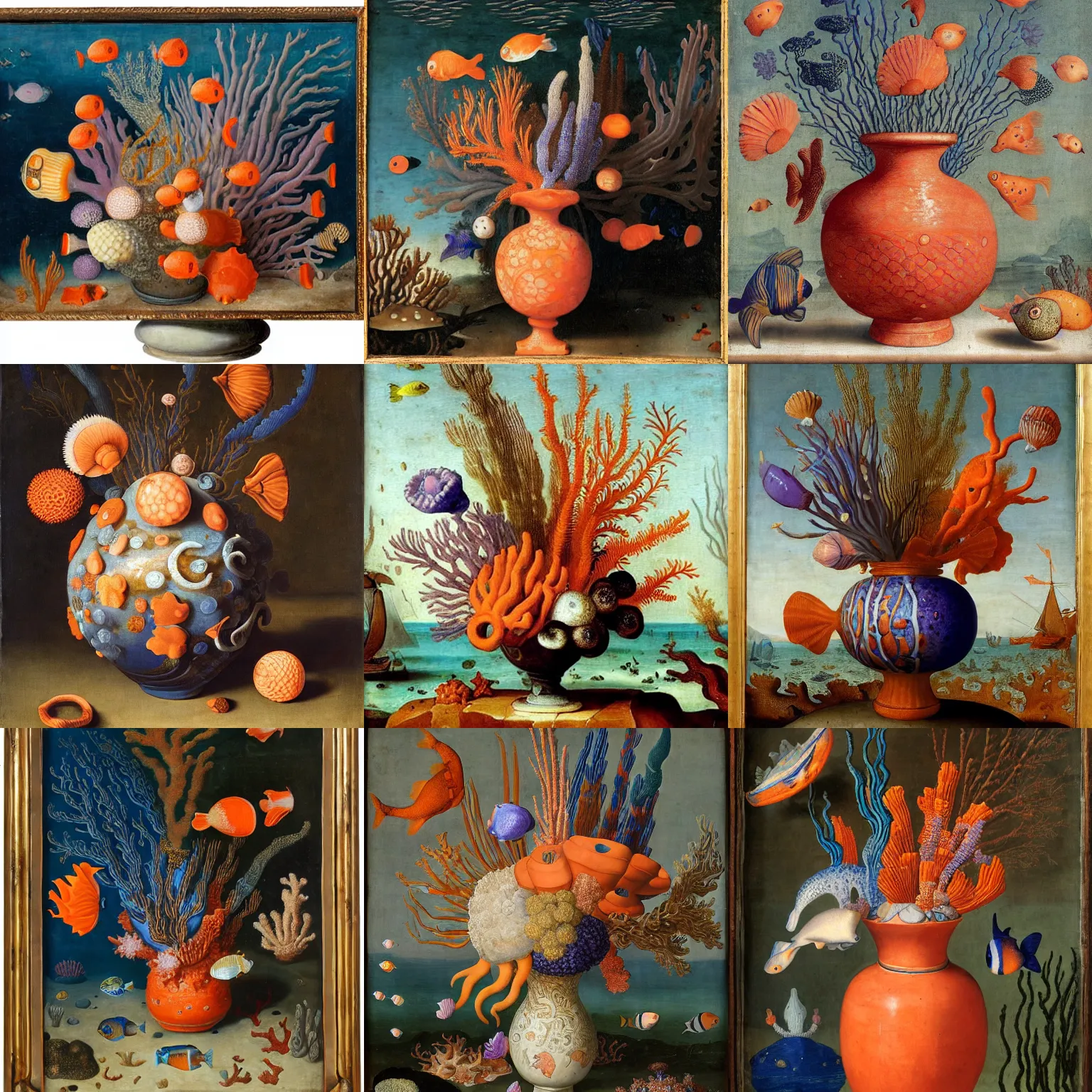 Image similar to bottle vase of coral under the sea decorated with a dense field of stylized scrolls that have opaque outlines enclosing mottled blue washes, with orange shells and purple fishes, Ambrosius Bosschaert the Elder, oil on canvas