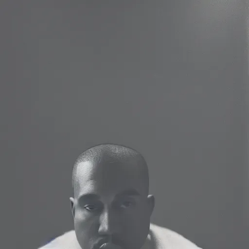 Image similar to a chiaroscuro lighting portrait of kanye west dressed as rick owens, black background, portrait by julia margaret cameron, shallow depth of field, 8 0 mm, f 1. 8