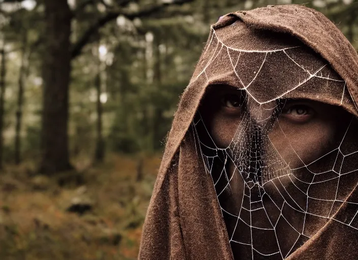 Prompt: character and environment photography, portrait 2 0 - year - old male druid, biomechanical spider web!!!!! tattered hood and robe, infested bear standing, medium shot, wide angle, 2 0 0 px, low key