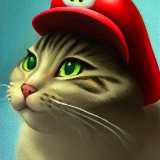 Image similar to A beautiful oil painting of a Kawaii Cat wearing a Super Mario Hat, art by michelangelo, volumetric lighting, photorealistic, highly detailed.