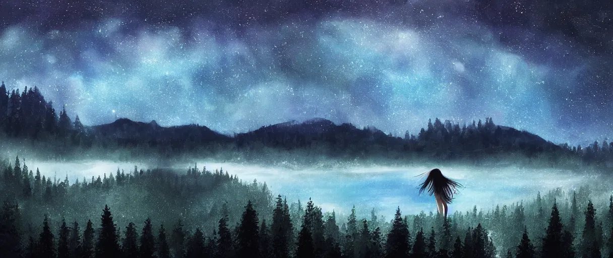 Prompt: digital painting of a ultra detailed night sky with constellations, very beautiful girl swimming in a blue pool, detailed water ripples, Perseides meteor shower, ultra detailed hill top over behind a forest, large mountains in back, concept art, low angle, high detail, warm lighting, volumetric, godrays, vivid, beautiful, trending on artstation, by Jordan Grimmer, no focus, huge scene, ultra detailed trees, F11 aperture, in the style of ALBERT BIERSTADT