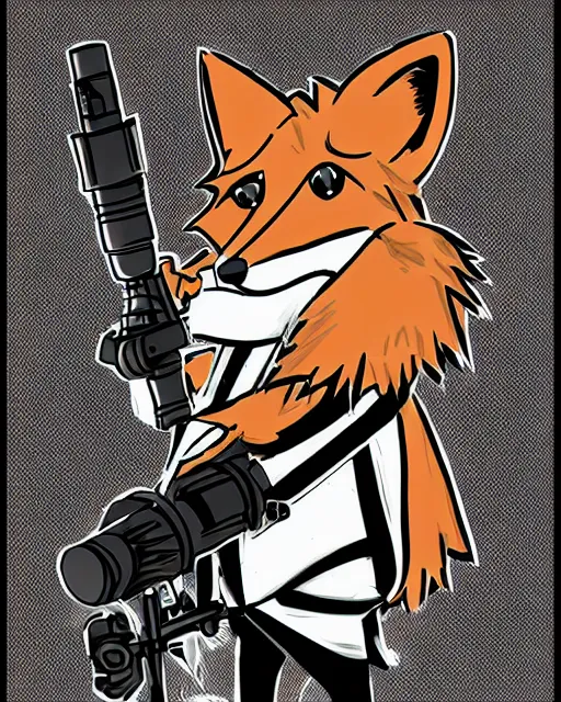 Image similar to a fox wearing a black trench - coat holding a mini - gun, comic art style, digital art,