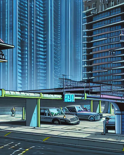 Image similar to a beautiful photorealistic illustration of unfinished building parking garage building architecture city by banksy, tron neptune vice city lake at spring anime, archdaily, wallpaper, highly detailed, trending on artstation.