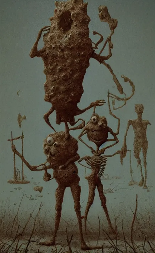 Image similar to spongebob squarepants in style of zdzisław beksinski, standing in wasteland, horror art, creepy, desolate