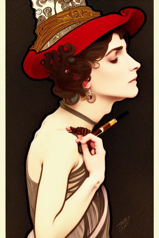 Prompt: Sad woman smoking a gigarette, wearing hat made of smoke and ashes, fantasy, intricate, elegant, highly detailed, digital painting, artstation, concept art, smooth, sharp focus, illustration, art by alphonse mucha and victor vasarely