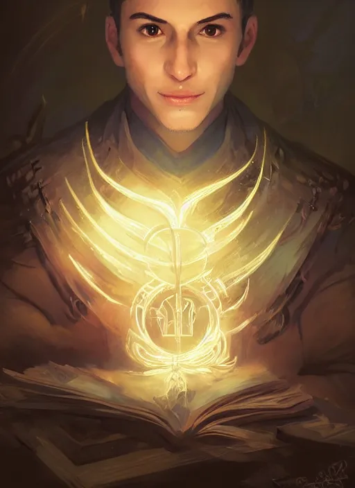 Prompt: character concept portrait of a handsome young wizard with olive skin and buzzed short spiky hairstyle casting a glowing spell with glowing runes, a floating iridescent spell book, intricate, elegant, digital painting, concept art, smooth, sharp focus, illustration, from Metal Gear, by Ruan Jia and Mandy Jurgens and Artgerm and William-Adolphe Bouguereau