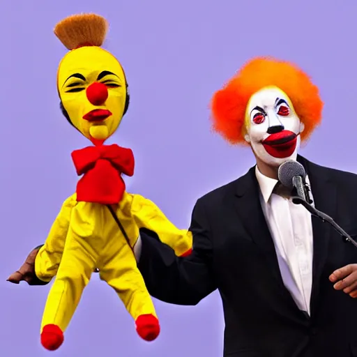 Image similar to string puppet of a president with clown makeup in a podium and a human shadow behind