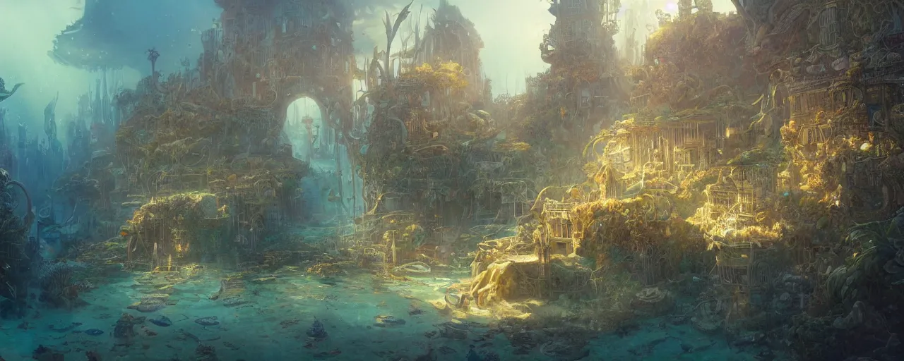 Image similar to a scenic landscaping view of the lost and abandoned city of Atlantic under water, ray of sunlight, mermaids in distance, Greg Rutkowski, Moebius, Mohrbacher, Mucha, blue and gold color scheme, ultra wide angle, light effect