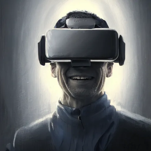 Prompt: Portrait of a man by Greg Rutkowski, symmetrical face, an old man using a VR Headset covering his eyes, Kubric Stare, crooked and uncanny smile smile, highly detailed portrait, scifi, digital painting, artstation, book cover, cyberpunk, concept art, smooth, sharp foccus ilustration, Artstation HQ