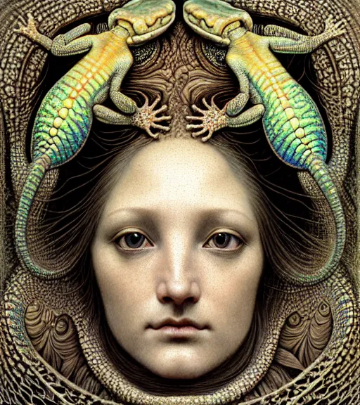 Image similar to detailed realistic beautiful gecko goddess face portrait by jean delville, gustave dore, iris van herpen and marco mazzoni, art forms of nature by ernst haeckel, art nouveau, symbolist, visionary, gothic, neo - gothic, pre - raphaelite, fractal lace, intricate alien botanicals, ai biodiversity, surreality, hyperdetailed ultrasharp octane render