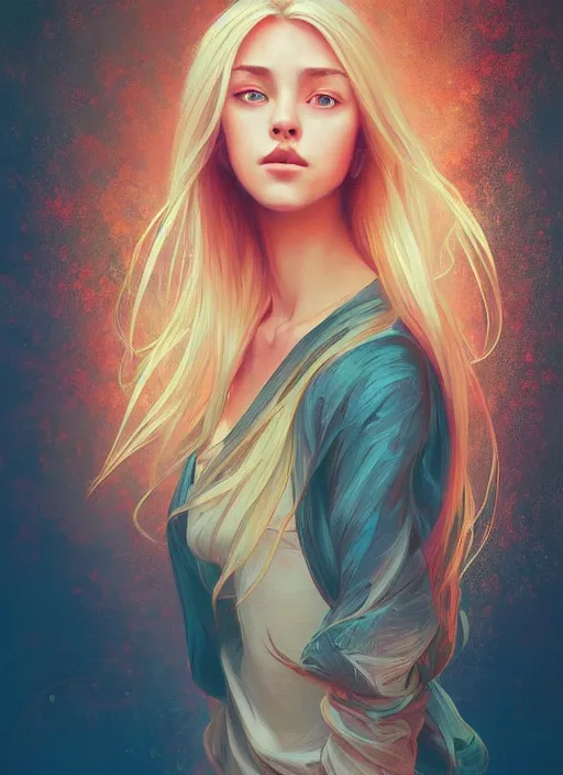 Image similar to handsome young women with shoulder length blonde hair, epic, half body shot, path traced, highly detailed, high quality, digital painting, alena aenami, lilia alvarado, shinji aramaki, karol bak, alphonse mucha, tom bagshaw