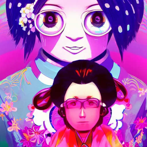 Image similar to Tanjiro Kamado and Nezuko Kamado; psychedelic; 4K; anime; artstation; art style of Ross Tran and Ilya Kuvshinov; LSD; rainbow