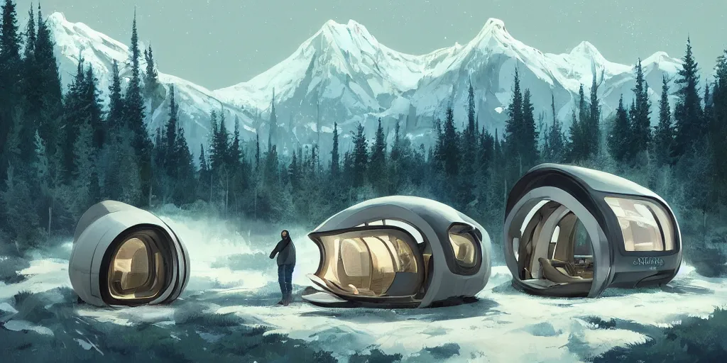 Image similar to cabela's beautiful comfortable futuristic pop up insulated all terrain family pod, cabin, modular, person in foreground, mountainous forested wilderness open fields, beautiful views, painterly concept art, joanna gaines, environmental concept art, farmhouse, magnolia, concept art illustration by ross tran, by james gurney, by craig mullins, by greg rutkowski trending on artstation