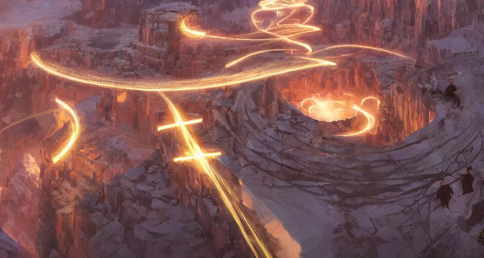 Image similar to night, a lot of people and a spiral - shaped white luminous attractor is floating in grand canyon, concept art, art for the game, professional lighting, art