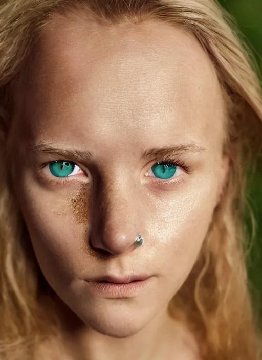 Image similar to face portrait of a nordic girl, big green eyes, light golden blonde hair, greek nose, low and wide forehead, glowing skin, face expression of contempt, ultra hd, hyper - realistic photograph, 8 k