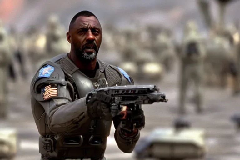 Image similar to Idris Elba in Starship Troopers (1997), highly detailed, high quality, HD, 4k, 8k, Canon 300mm, professional photographer, 40mp, lifelike, top-rated, award winning, realistic, sharp, no blur, edited, corrected, trending