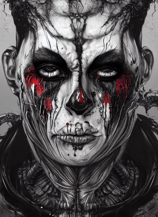 Prompt: a dream portrait of a demon in a clown suit, black & white, melting, webbing, 8 k, by tristan eaton, stanley artgerm, tom bagshaw, greg rutkowski, carne griffiths, ayami kojima, beksinski, giger, trending on deviantart, face enhance, hyper detailed, minimalist, horror, alien