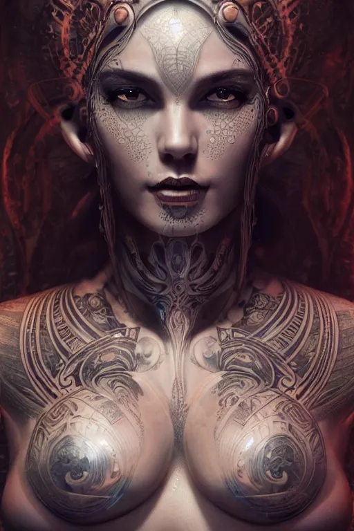 Image similar to a centered render of an alluring futuristic goddess with tribal tattoos surrounded by a underwater ink pour and flowing liquid gallium and sacred geometry, perfect body and face, powerful, cinematic, beautifully lit, by artgerm, by karol bak, 3 d, trending on artstation, octane render, 8 k