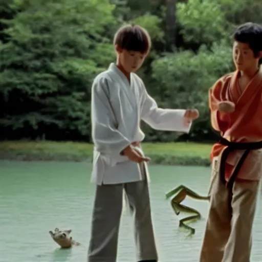 Prompt: miyagi from karate kid teaching daniel how to catch a frog with chopstick, cinematic, photo, still frame