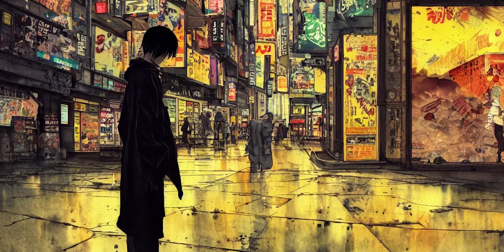 Prompt: incredible wide screenshot, ultrawide, simple watercolor, paper texture, katsuhiro otomo ghost in the shell movie scene, backlit distant shot of girl in a parka running from a giant robot invasion side view, yellow parasol in deserted nightlife shinjuku junk town, broken vending machines, concrete wall, bold graffiti, old pawn shop, gloomy rain, reflections, night time