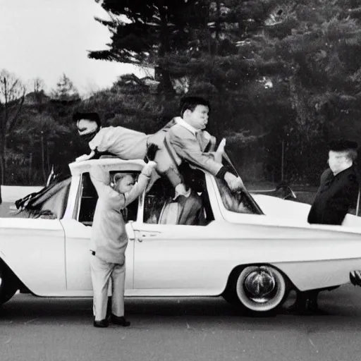 Image similar to 1960s press archive of middle-aged Kim Jong-il coming out of a car, starfish-monster arm crushing car, underexposed, kaiju-eiga by Ishirō Honda