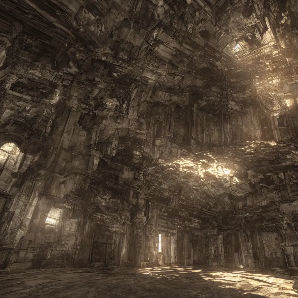 Image similar to interior mazelike architecture from quake, lovecraftian, liminal space, moody lighting, unreal engine 5, hyper detailed, hyper realistic