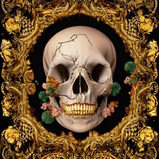 Image similar to a beautiful detailed front view baroque portrait of a rotten woman corpse becoming almost a skull with fractal plants and fractal flowers and mushrooms growing around, intricate, ornate, volumetric light, beautiful lit, polaroid photography