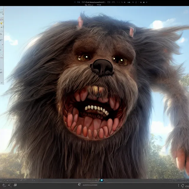 Image similar to perfectly centered portrait, happy hairy monster, candid photography, by anne stokes, highly detailed, unreal engine 5