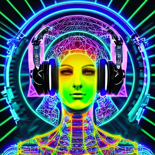 Prompt: hyperdetailed masterpiece portrait of a cyberpunk robot, covered in colorful glowing holy geometry and chakras, wearing headphones, symmetrical, 8 k, halluzinogenic