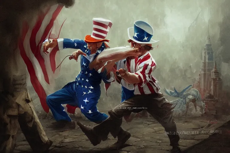 Image similar to painting of uncle sam punching steven seagal, fantasy, intricate, elegant, highly detailed, digital painting, artstation, concept art, smooth, sharp focus, illustration, art by greg rutkowski, masterpiece, perfect composition, award - winning photography