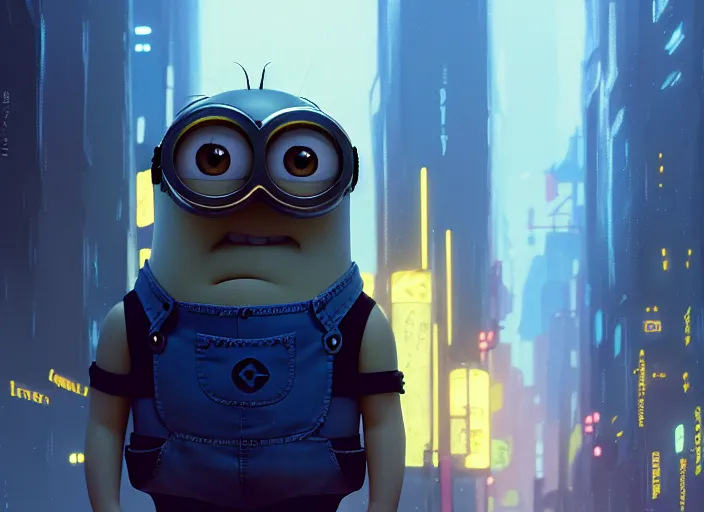 Image similar to a film still portrait of a minion, finely detailed features, minions, cinematic lighting, perfect art, night cyberpunk city, intricate, anime, minion, gapmoe grimdark, artstation, trending on pixiv fanbox, painted by greg rutkowski makoto shinkai takashi takeuchi studio ghibli, akihiko yoshida, 4 k