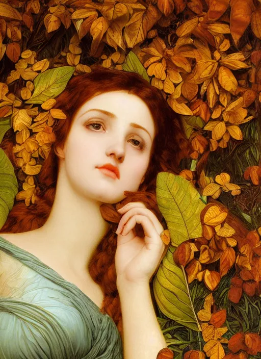 Image similar to masterpiece beautiful seductive flowing curves preraphaelite face portrait amongst leaves, extreme close up shot, straight bangs, thick set features, yellow ochre ornate medieval dress, laying amongst foliage mushroom forest circle arch, frederic leighton and kilian eng and rosetti, 4 k