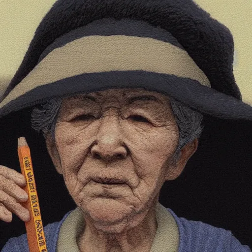 Image similar to closeup of my grandma eating crayons, in the style of mondo grosso killian eng kawase hasui james jean, artstation trending, 8 k, 3 d render, photorealistic, volumetric lighting caustics, black and white, detailed af