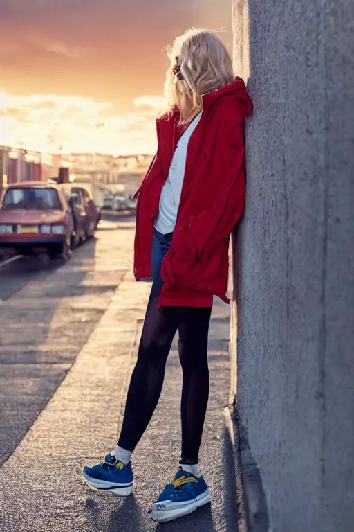 Image similar to high quality realistic street photo of girl, blond hair, clothes in the sport style of 1 9 9 0, sneakers, lowered socks, loose coat, perfect face against the sunset sky ; kodak ektar, 2 0 0 iso, 3 5 mm lens, bill henson style beautiful chiaroscuro lighting, beautiful colour palette, beautiful and realistic, wide shot