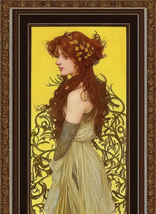 Prompt: masterpiece beautiful srxy pose preraphaelite portrait photography, hipster hair fringe, yellow ochre ornate medieval dress, william morris and kilian eng and mucha, framed, 4 k