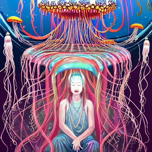Prompt: A painting of priestesses worshipping at the jellyfish temple, shrouded in mist, jellyfish god, jellyfish priestess, jellyfish shrine maiden, 8K, illustration, art by Kyuyong Eom, smoke, undersea temple with fish, cinematic, insanely detailed and intricate, hypermaximalist, elegant, super detailed, award-winning, magenta and crimson and cyan, rainbow accents, iridescence, bioluminescence, mysterious, ancient, ritual, trending in cgsociety, artstation HQ, ornate, elite, haunting, matte painting, beautiful detailed, insanely intricate details, dreamy and ethereal, otherworldly