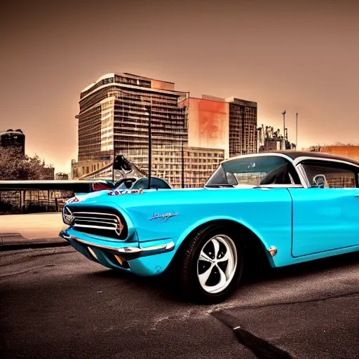Prompt: beautiful digital painting of a 1 9 6 0 s muscle car fitted with a miniature fusion engine and rocket boosters. beautiful car. sports car. american muscle car. stunning photograph. urban backdrop