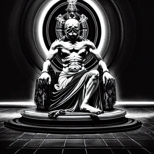 Prompt: highly detailed dark god sit on the tron, night, death, fear, horror, religion, monochrome, caravaggio, hyperrealism, detailed and intricate environment