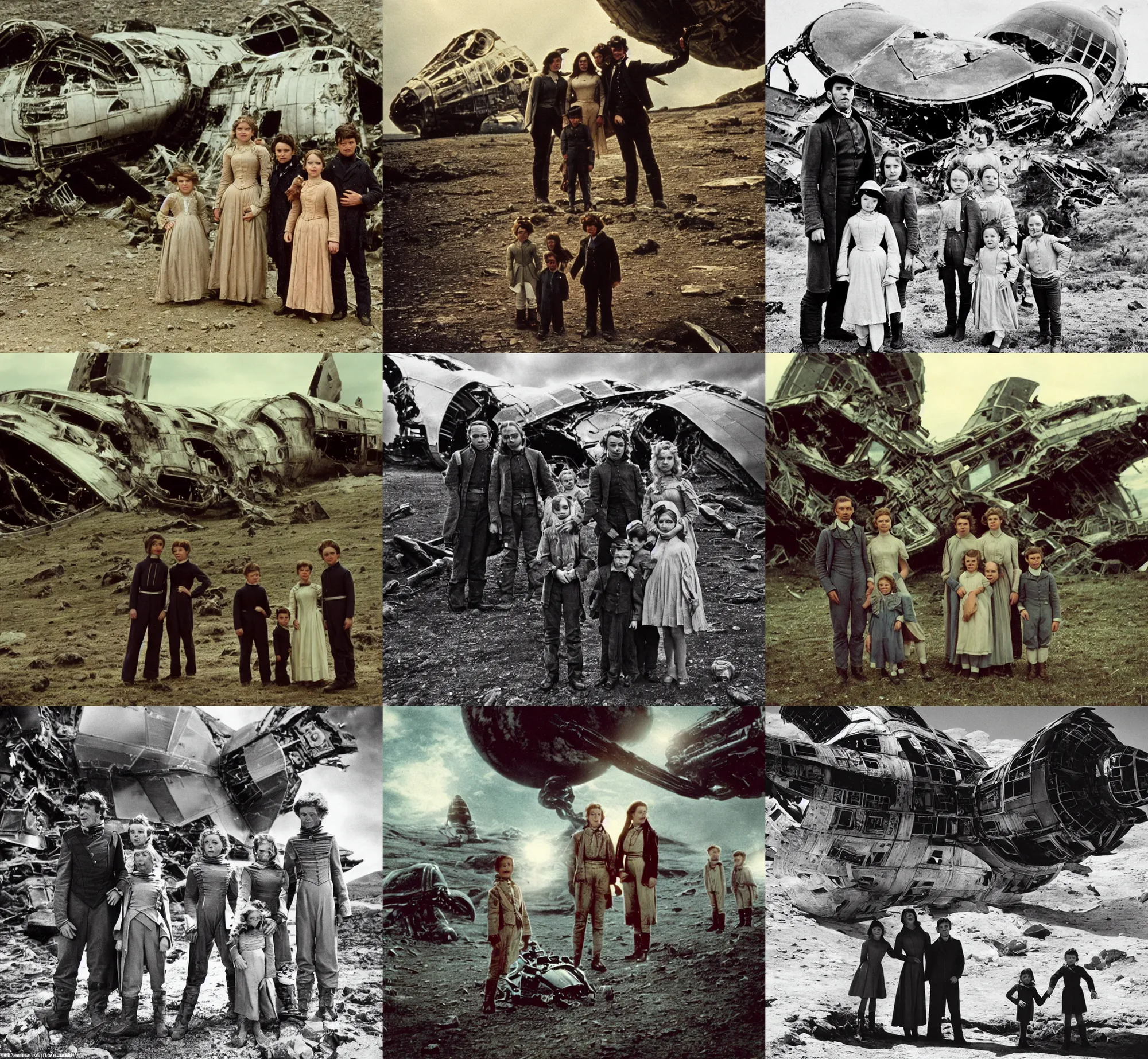 Prompt: extremely sharply detailed, 3 5 mm film from blockbuster 9 6 k sci fi color movie freeze frame, set 1 8 6 0, family standing in front of crashed spaceship, on alien planet, looking happy, wearing 1 8 5 0 s era clothes, atmospheric lighting, in focus, reflective eyes, 9 9 9 mm lens, live action, nice composition and photography, clear faces