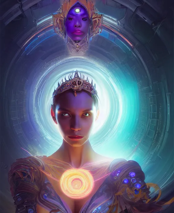 Image similar to a whirlwind of souls rushing inside the metaverse, half body, glowin eyes, tiara with sapphire, pharaoh, android, cyberpunk, d & d, fantasy, intricate, elegant, highly detailed, colorful, vivid color, digital painting, artstation, concept art, art by artgerm and greg rutkowski and alphonse mucha and ruan jia