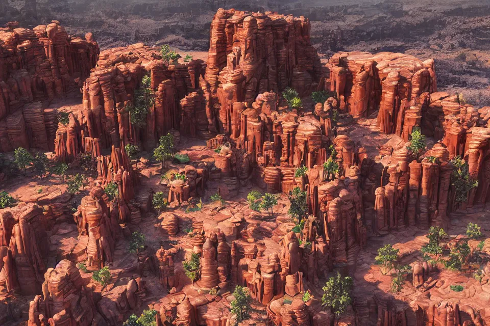 Prompt: aerial view, beautiful temple complex of sandstone and jade, built in red rock canyon, a fusion of star wars and gothic revival architecture, natural volumetric lighting, realistic high detail 4k render