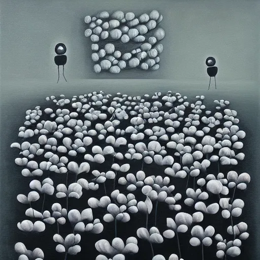 Image similar to flower sea, a surrealist painting by gertrude abercrombie. surrealism, dark, low contrast, featured on pixiv, precisionism, surrealist, art on instagram, detailed painting