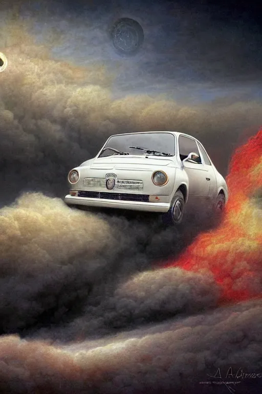 Prompt: Intricate stunning highly detailed FIAT 600 White from the 60s by agostino arrivabene and Vladimir Kush, surreal, digital painting, ultra realistic, Horror vacui, dramatic lighting, full moon, thick black swirling smoke tornado, burning fire embers, artstation